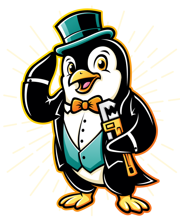 penguin in a suite holding hat and wrench proper plumbing logo